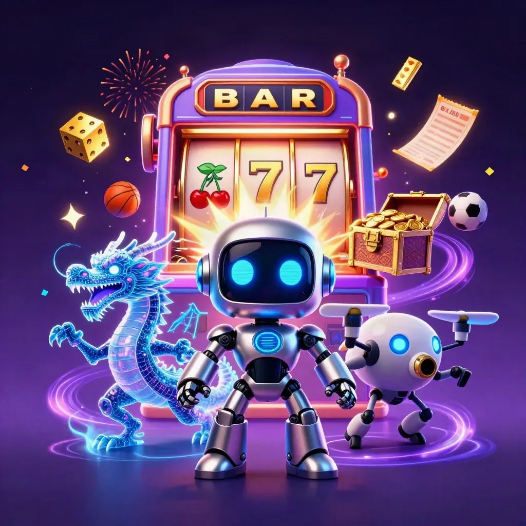 Cyberpunk robot, holographic dragon and coin drone amid slot burst, treasure, fog, neon sparks.