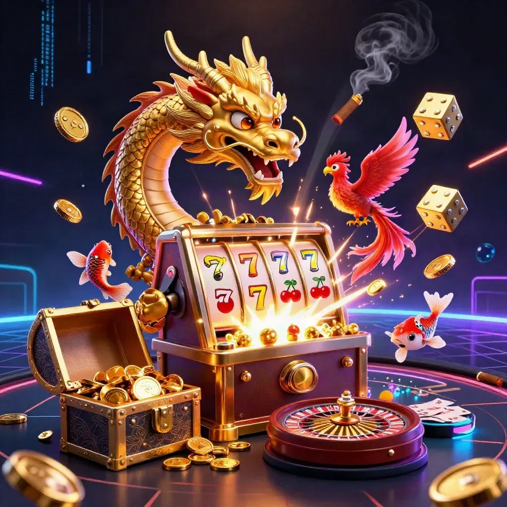 Golden dragon, phoenix, koi, slot burst, roulette wheel and dealer button in neon casino fog.