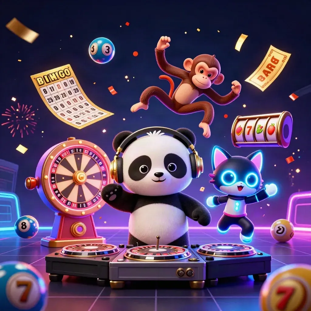 3D panda DJ, breakdancing monkey, and glow-stick kitten amid casino loot and neon fog