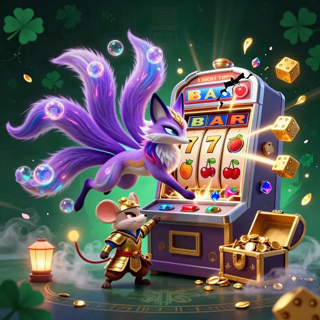 Nine-tailed fox spirit and samurai mouse amid a bursting slot machine, gold and neon runes.