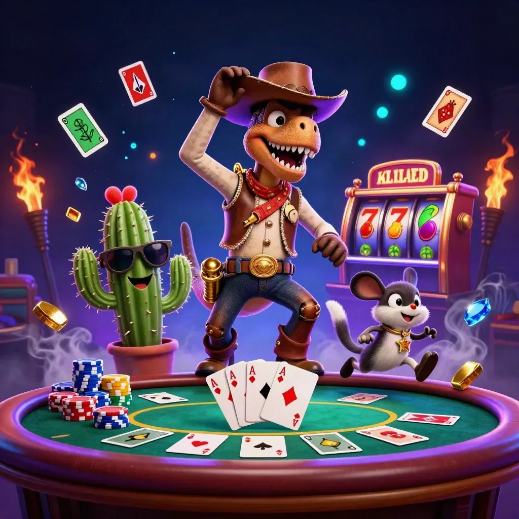 Cowboy T-Rex, cactus sidekick, and sheriff roadrunner amid glowing chips and casino chaos.