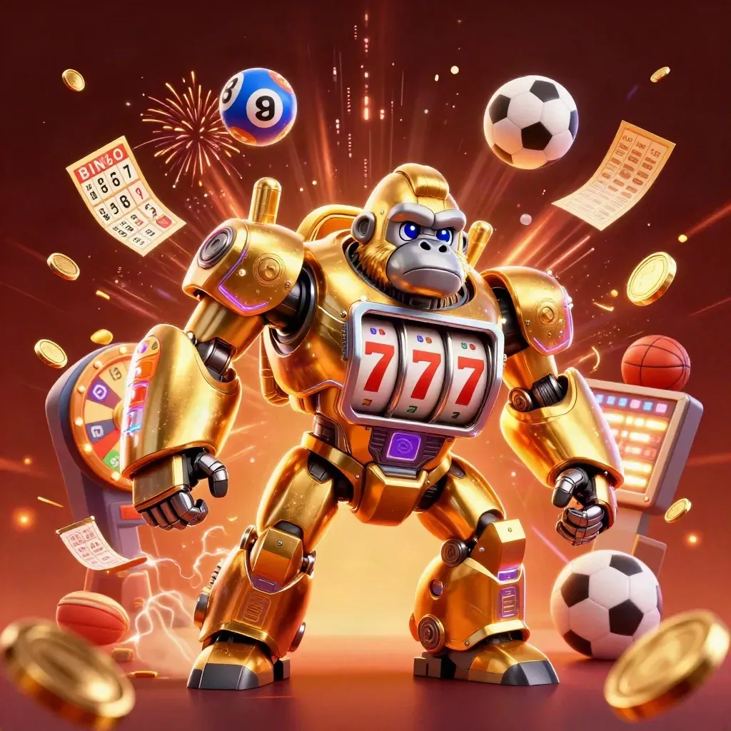 Golden gorilla mech with monkey pilot, coins, balls, prize wheel, and fireworks in a dark casino glow.