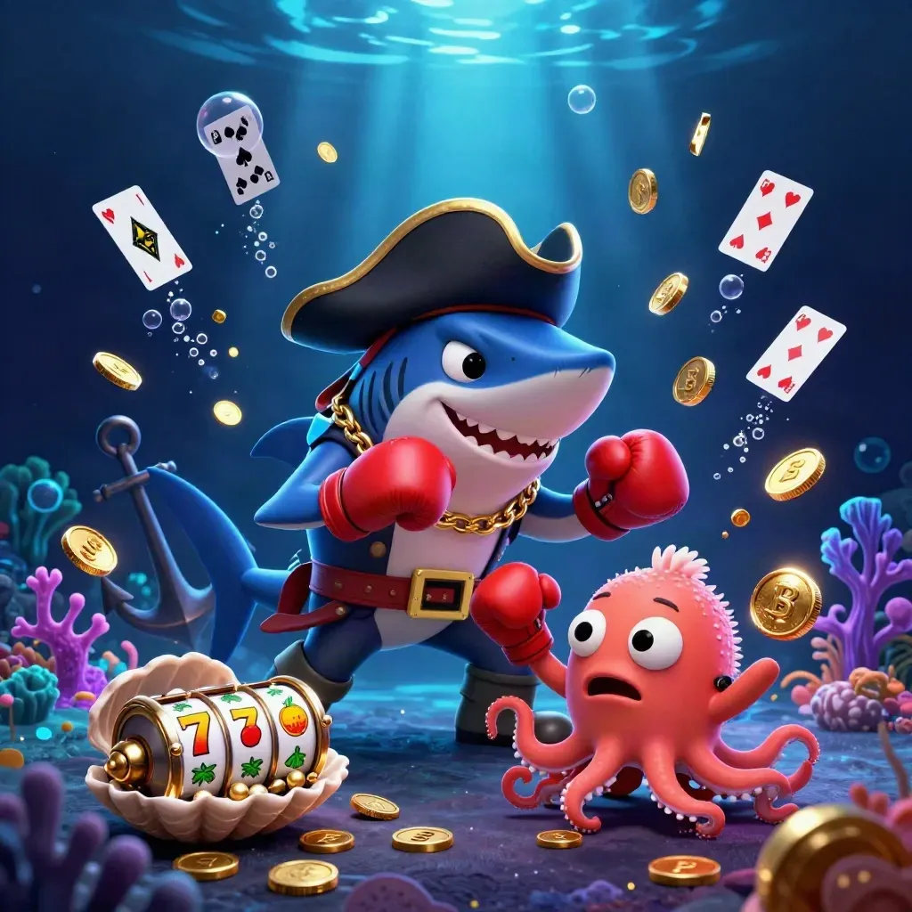 Shark pirate, boxing pufferfish, and coin-juggling octopus in a glowing treasure cove.
