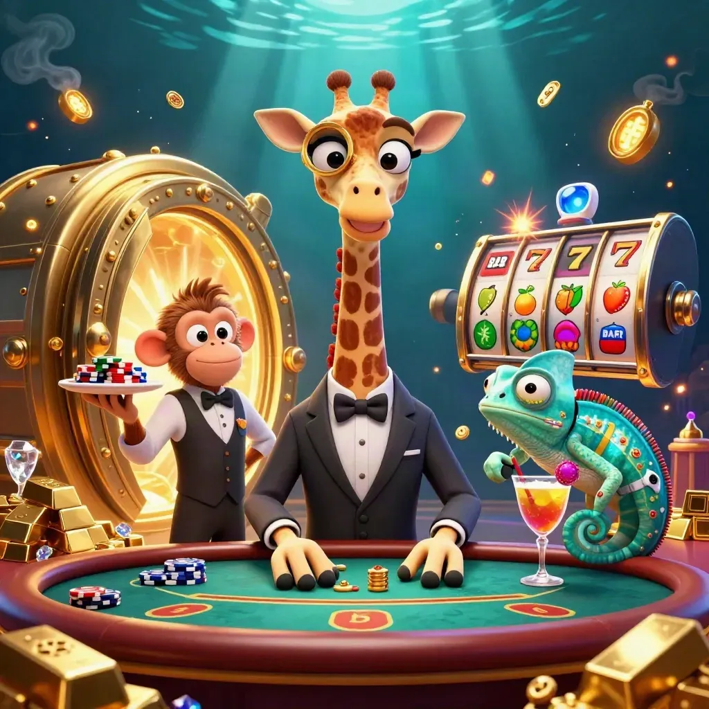 Giraffe high roller with valet monkey and chameleon bartender amid vault gold and casino sparks