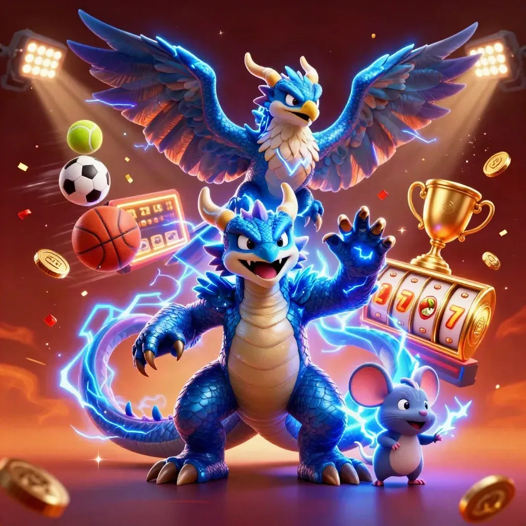 Thunder dragon, wind hawk, and static mouse amid casino reels, sports balls, trophy, coins, and lightning.